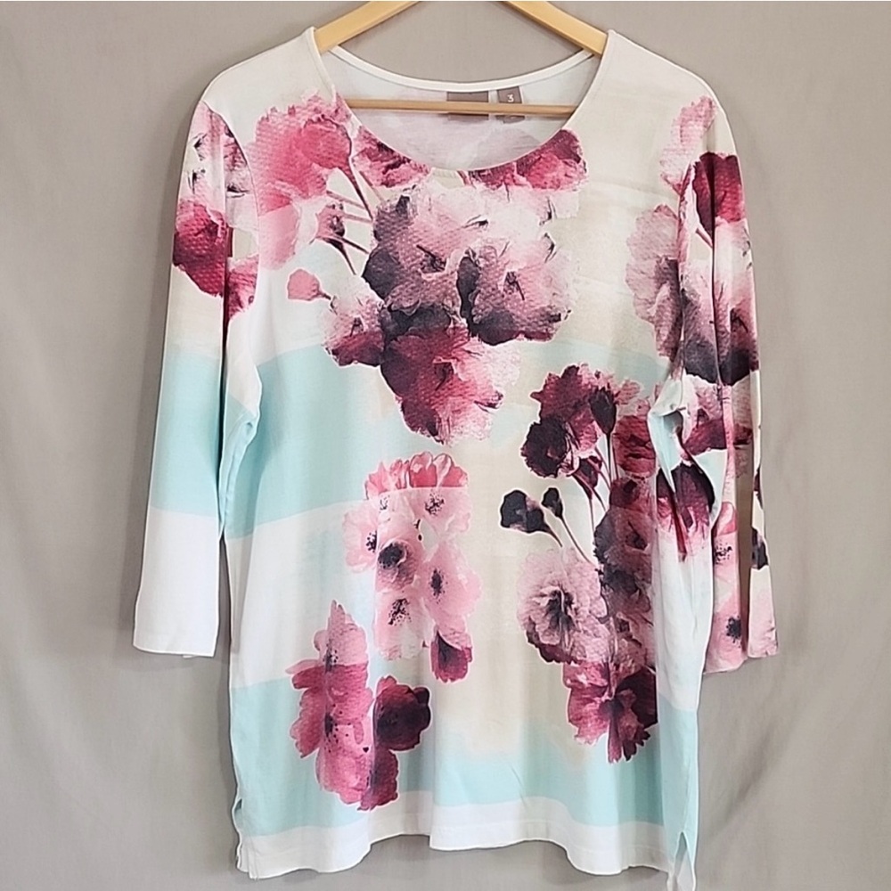 Women's Chico's Striped Floral Top, 3/4 Sleeve, Size 3, Multicolor, PreOwned